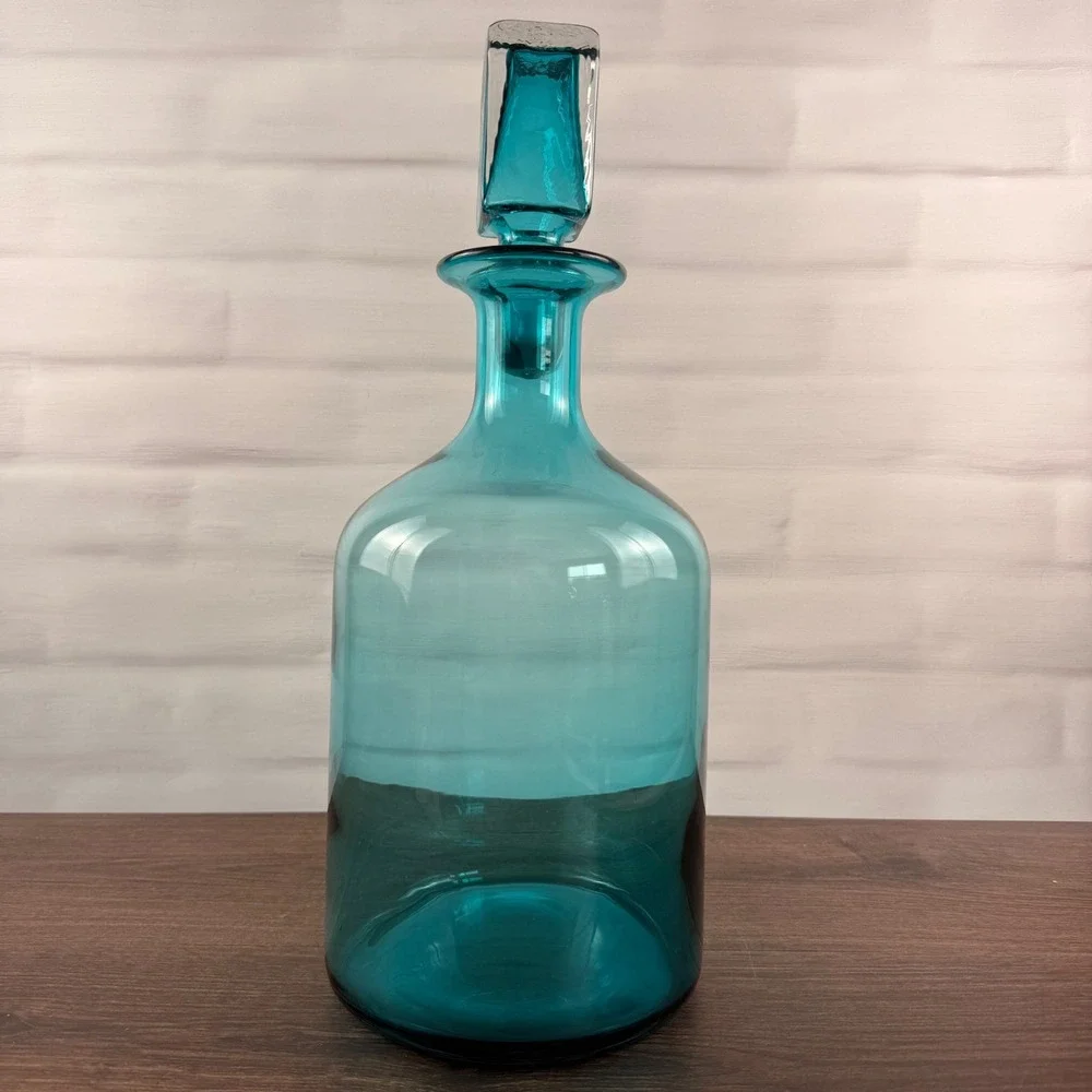 Z Gallerie Large Teal Blue Art Glass Decanter Square Stopper 17